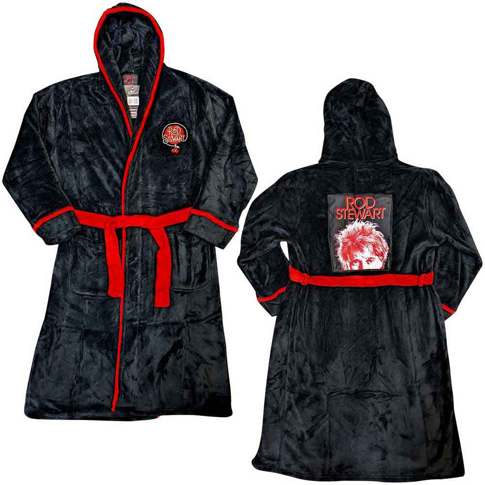 Black hooded bathrobe with red trim and Rod Stewart cherry logo.