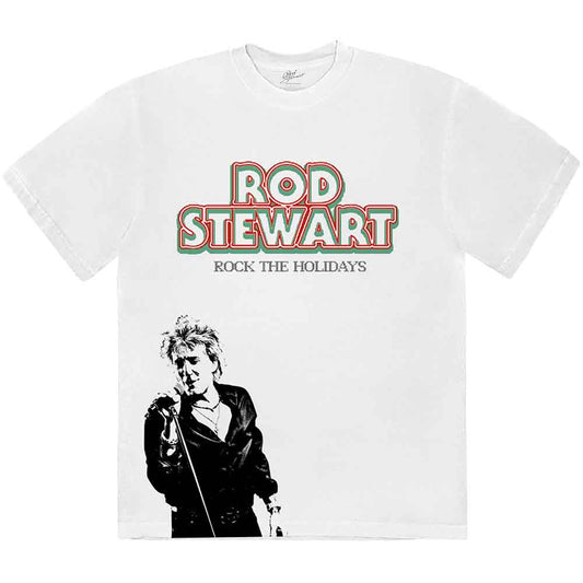White t-shirt with "Rod Stewart Rock The Holidays" graphic, modeled.