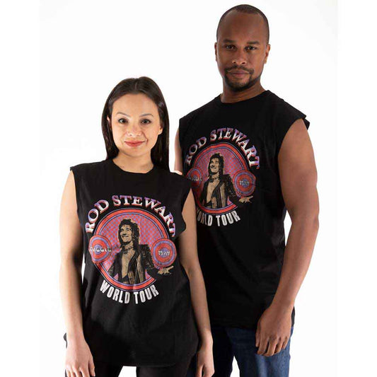 Sleeveless unisex t-shirt featuring Rod Stewart World Tour graphic and text.