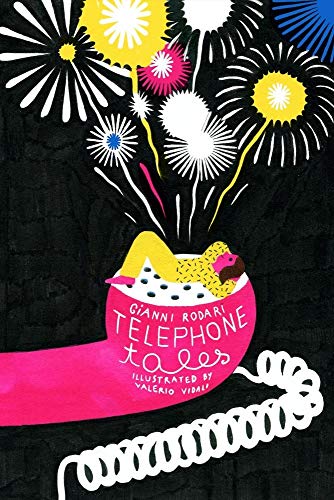 A person lies on a giant pink telephone receiver against a black background with fireworks.