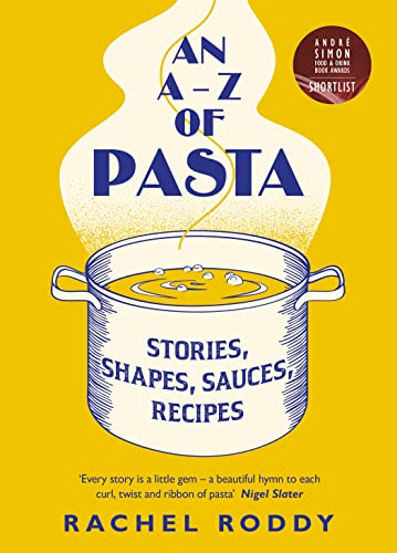 Yellow book cover with blue pasta pot illustration and bold text.