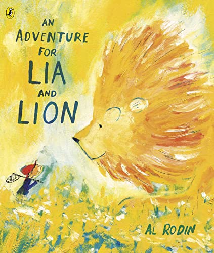 Book cover: a small girl and a large, golden lion in a field.