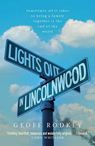 Book cover with a street sign reading "Lights Out in Lincolnwood" against a blue sky.