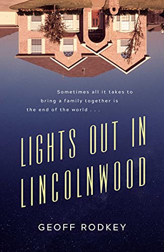 Book cover: Upside-down house reflection with title "Lights Out in Lincolnwood.