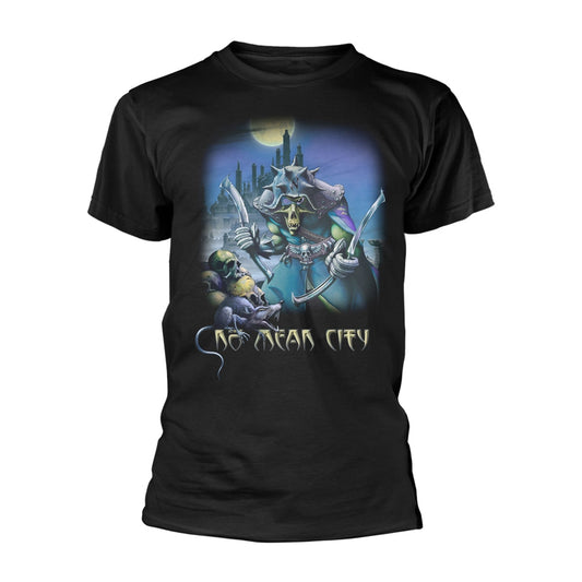 Black t-shirt with a skeletal figure and city illustration design.