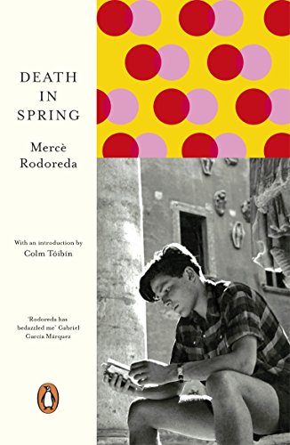 "Book cover with a black-and-white man reading, yellow background with red and pink dots."