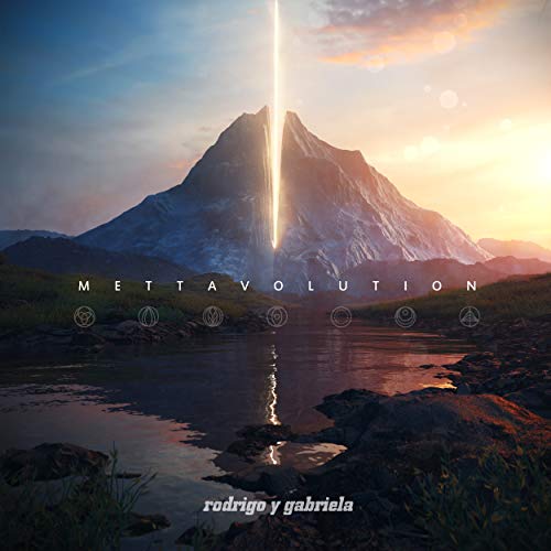 Album cover: mountain with a bright light beam and water reflection.