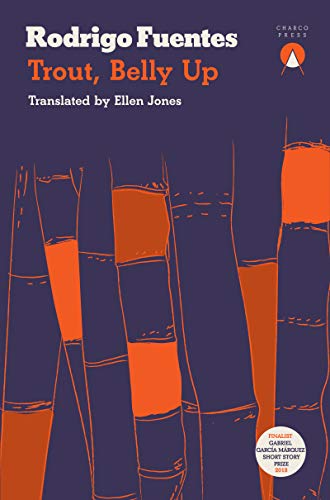 Book cover: "Trout, Belly Up" with abstract orange and purple illustration.