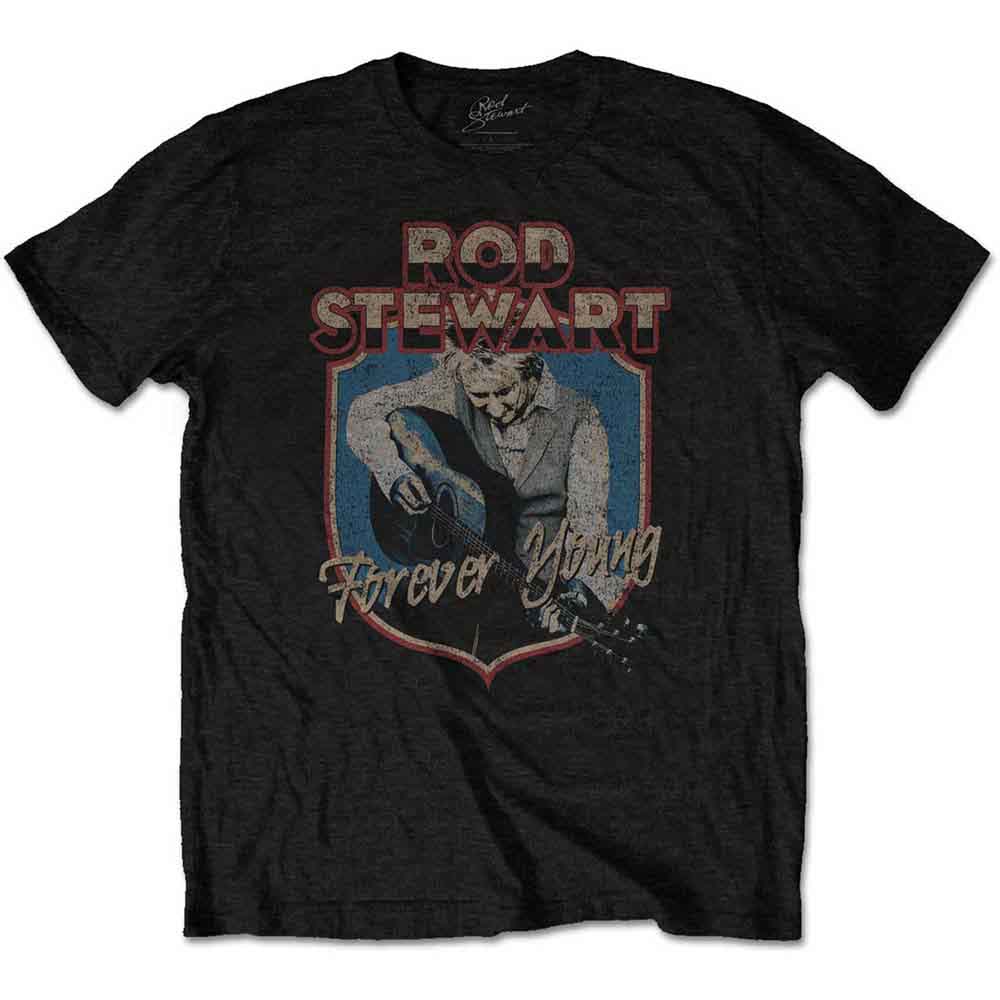 Black t-shirt with Rod Stewart graphic and “Forever Young” text.