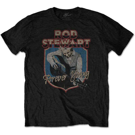 Black t-shirt with Rod Stewart graphic and “Forever Young” text.