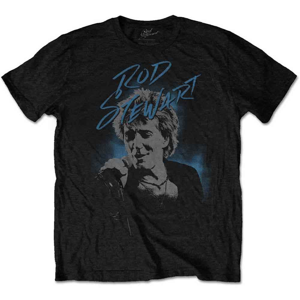 Black t-shirt with a blue scribble-style portrait of Rod Stewart.