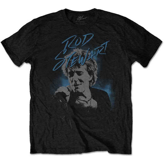 Black t-shirt with a blue scribble-style portrait of Rod Stewart.
