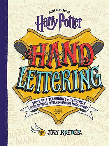 Book cover titled Harry Potter Hand Lettering with a yellow crest and wand illustration.