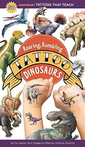 Colorful dinosaur temporary tattoo book with images of dinosaurs and applied tattoos.
