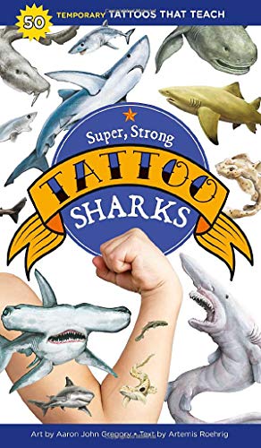 Book cover featuring various shark illustrations and temporary tattoos on an arm.