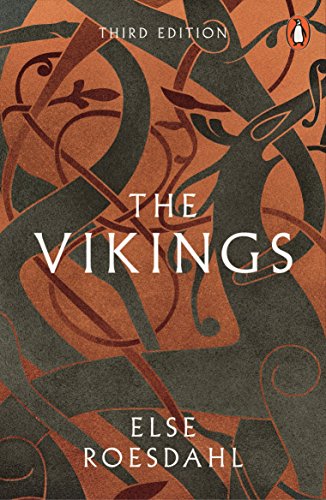 Book cover for The Vikings by Else Roesdahl featuring dark brown Norse-style knotwork patterns.