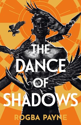 Book cover: shirtless person with birds, orange and black geometric background.