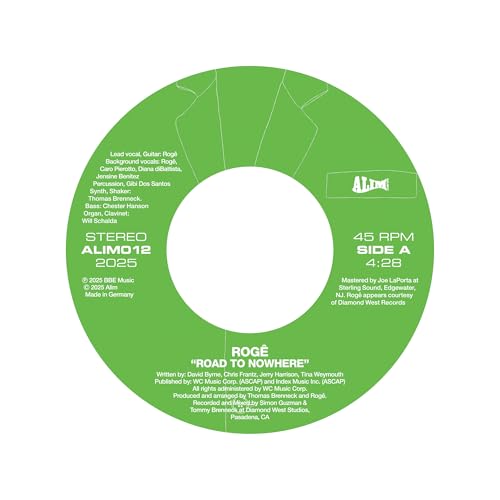 Green vinyl record label for Rogê's Road To Nowhere with white text and graphics.