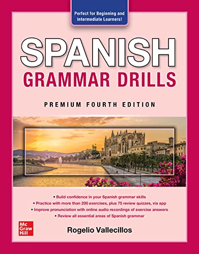 Red Spanish Grammar Drills textbook with a scenic Toledo, Spain background.