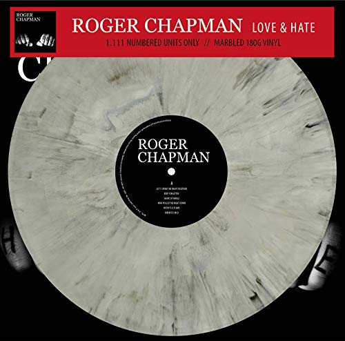 Roger Chapman’s “Love & Hate” marbled vinyl record, centered with a black label.