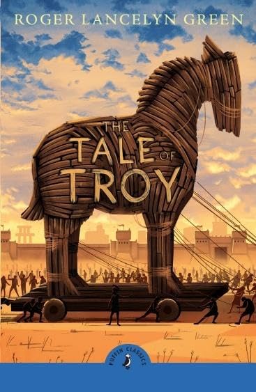 A large wooden Trojan horse stands before a city wall with figures pulling ropes.