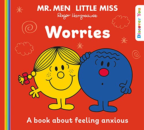 Bright red book cover featuring Little Miss Sunshine and Mr. Worry.