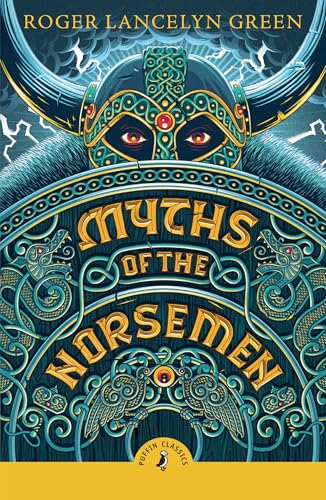 Book cover: ornate Viking helmet over title "Myths of the Norsemen".