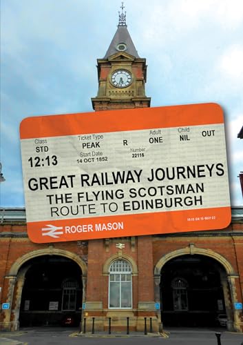 Large orange railway ticket graphic superimposed on a brick station building.