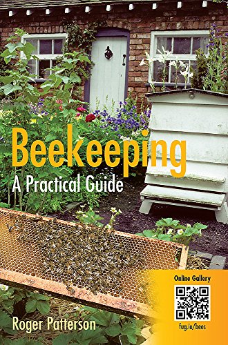 Book cover showing a beehive in a garden with a honeycomb frame in front.