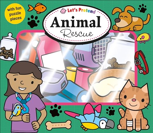 Colorful illustration of a girl with animals and a veterinary clinic scene.