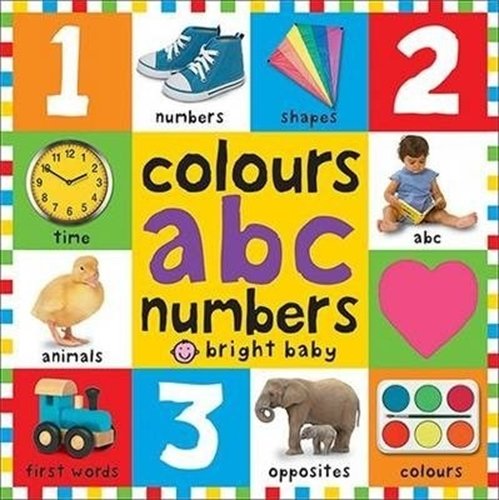 Bright baby board book cover with numbers, colours, animals, and shapes.