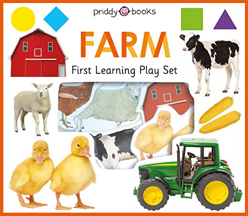 Farm animals, tractor, barn, and geometric shapes on a colorful background.
