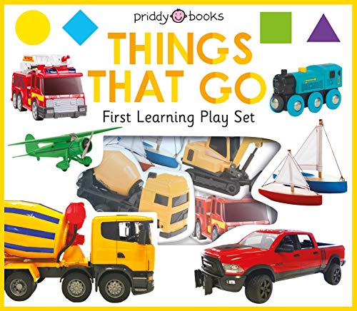 Toy vehicles – fire engine, plane, truck, boat, and train – displayed.