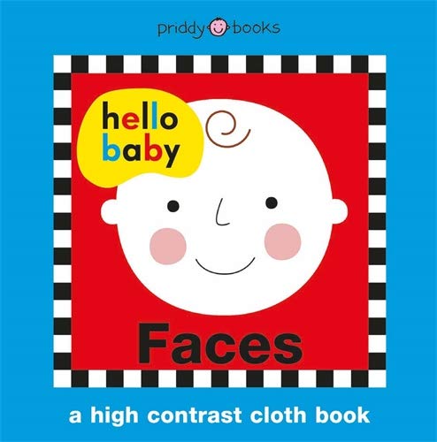 Cover of Hello Baby Faces cloth book featuring a baby's face on red background.