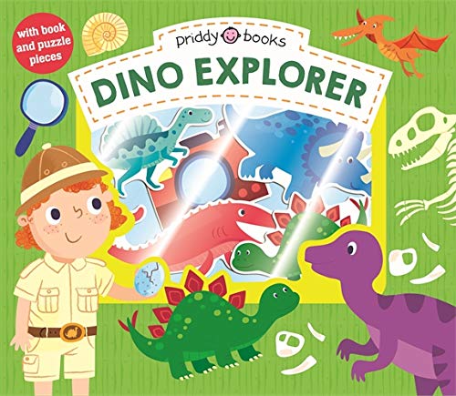 Children’s book cover with dinosaurs, a child explorer, and puzzle pieces.