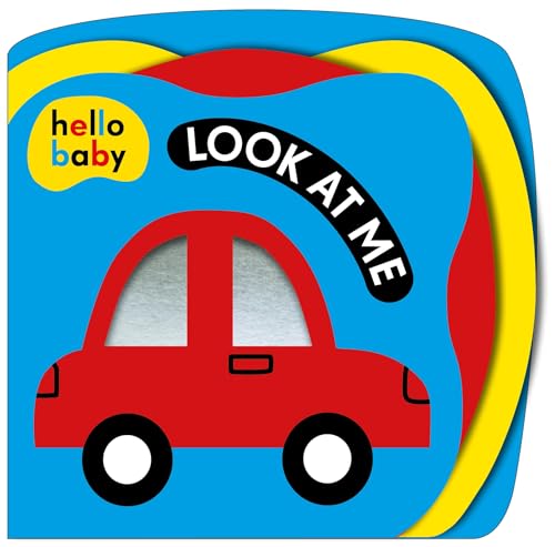 Red car with black wheels on a blue and yellow book cover.