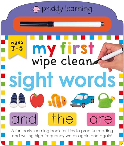 Wipe-clean sight words book for ages 3-5 with a marker.