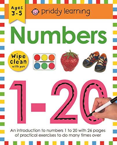Wipe-clean workbook cover featuring numbers 1-20, fruit, and shoes.