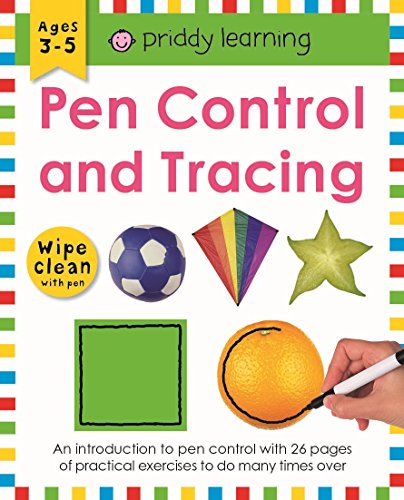 Pen Control" workbook cover with colorful shapes, a soccer ball, kite, and hand writing.