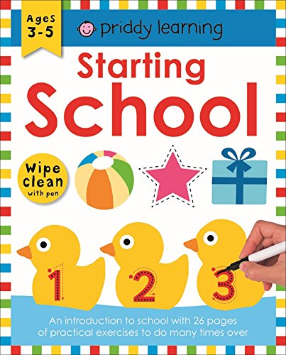 Starting School" workbook cover with ducks, numbers, and a wipe-clean pen.