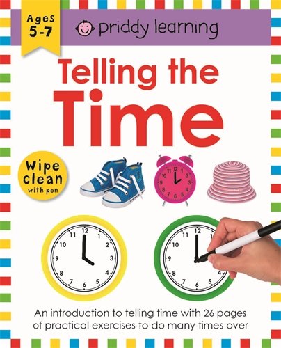 Workbook cover: "Telling the Time" with clocks, shoes, and a hat.