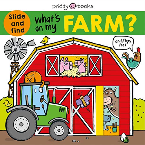Brightly colored children’s book cover depicting a red farm with animals.