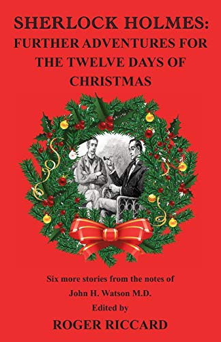Red book cover with a wreath framing Sherlock Holmes and Watson.