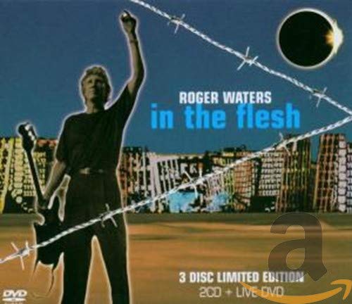 Roger Waters album cover with barbed wire, eclipse, and concert backdrop.
