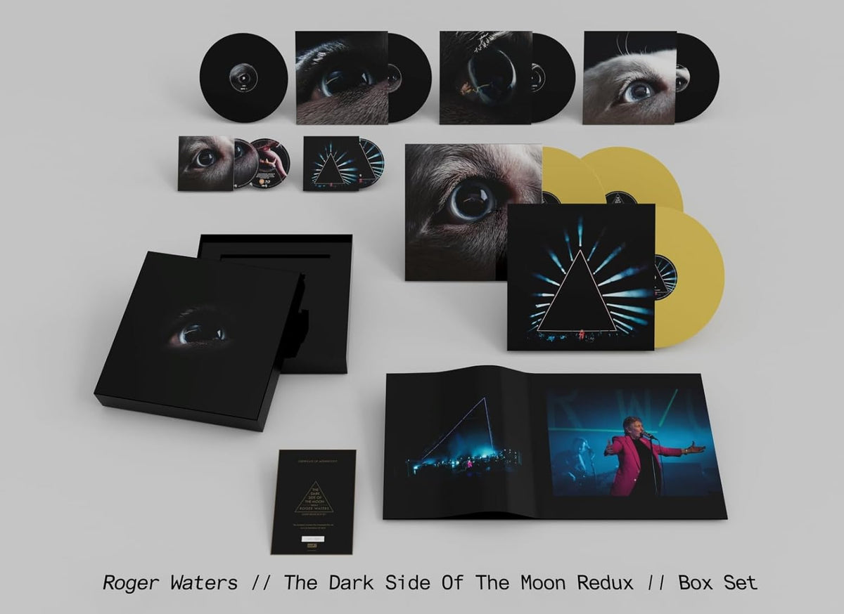Roger Waters The Dark Side of the Moon Redux deluxe box set contents displayed.