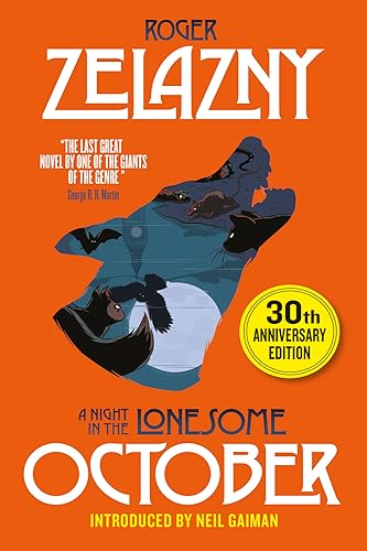 Book cover: orange background, shadowy figure, bats, and title "A Night in the Lonesome October".