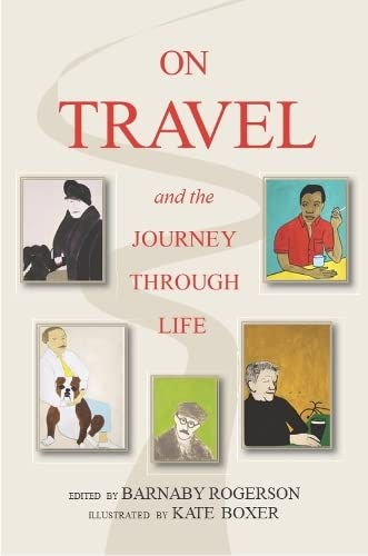 Book cover with red title, "On Travel," and four framed portrait illustrations.