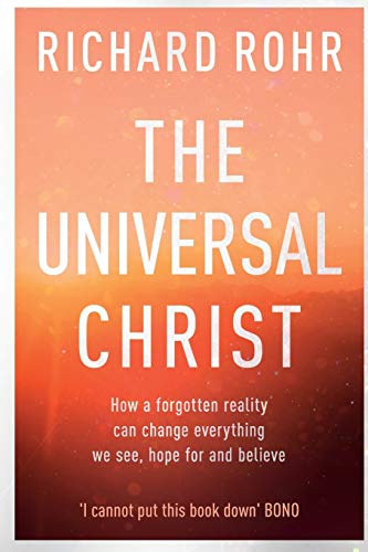 Book cover for The Universal Christ by Richard Rohr against an orange sunset background.
