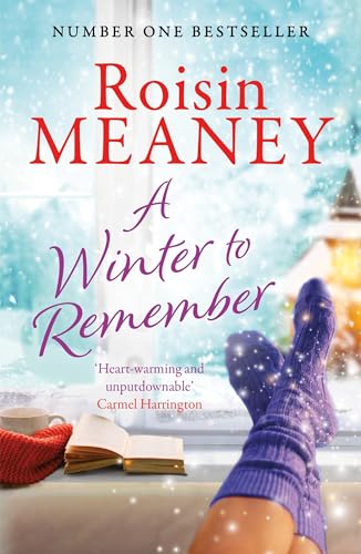 Book cover with winter scene, cozy socks, mug, and open book.