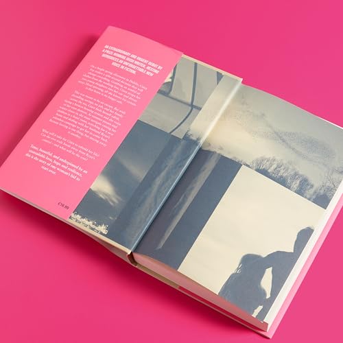 Open book with a bright pink back cover and a blue-toned photographic dust jacket.